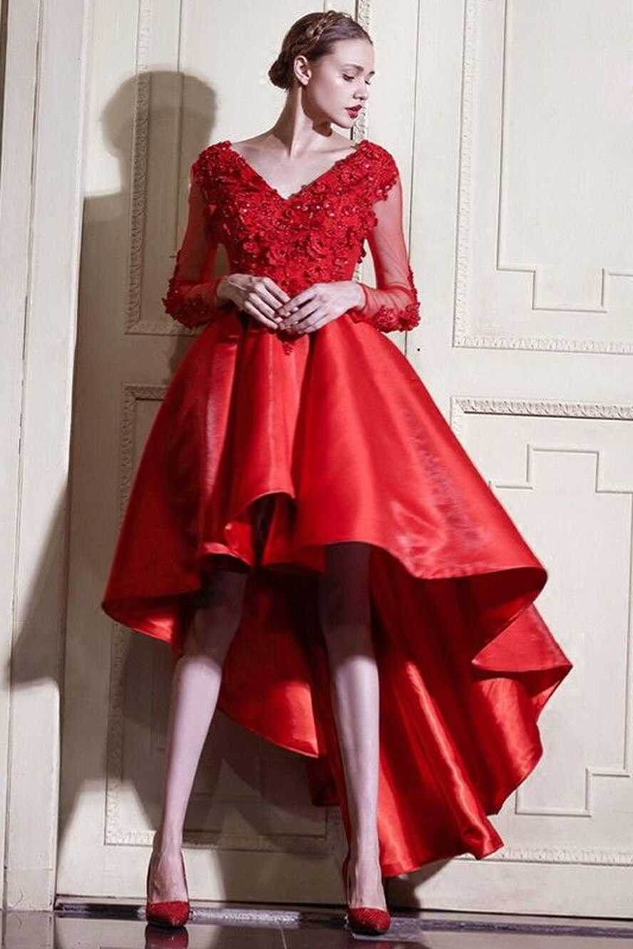 178.99] Red A Line High Low Wedding Dresses With Sleeves V-neck ...