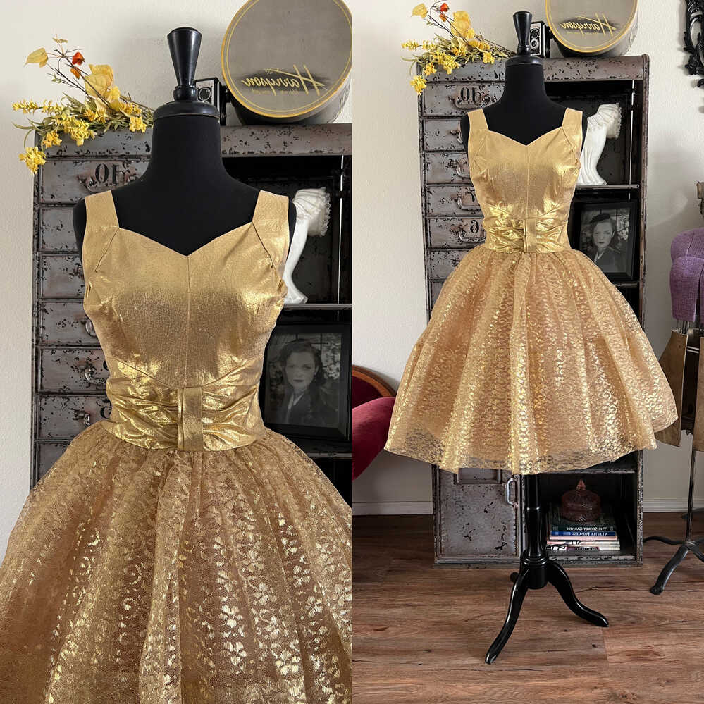 1950&#39;s Metallic Gold Cocktail Dress With Lace and Tulle Small - Etsy