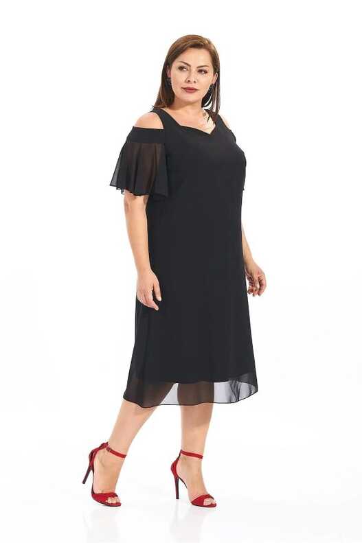 1fazlası Women&#39;s Plus Size Black Off-the-Shoulder Chiffon Midi ...