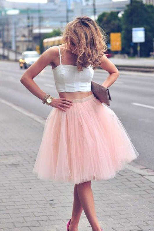 2 Pieces Straps Cute Dress White/Pink Homecoming Dresses Short ...