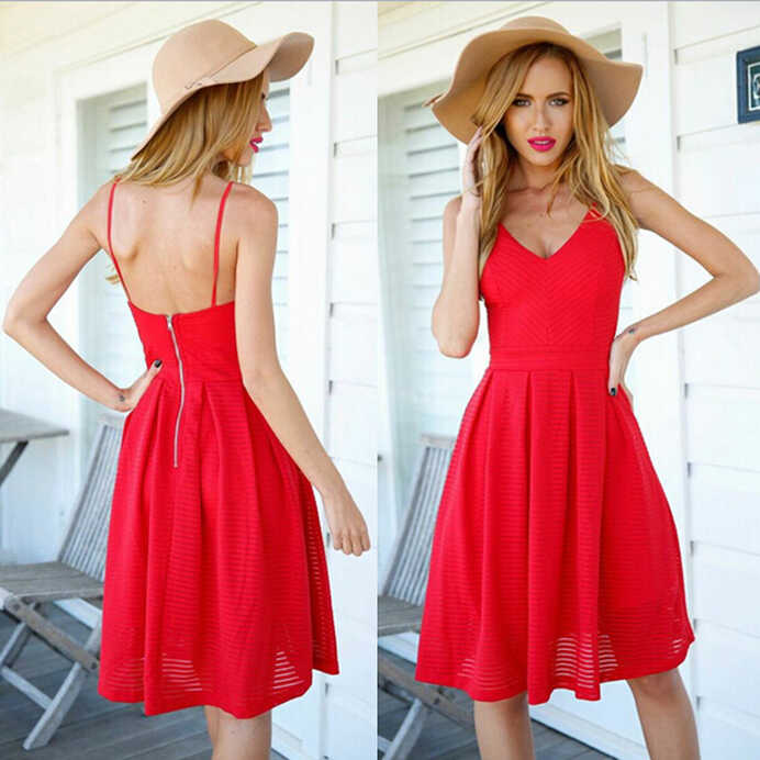 2015 Summer Style Women Casual Short Red Dress Sexy Spaghetti ...