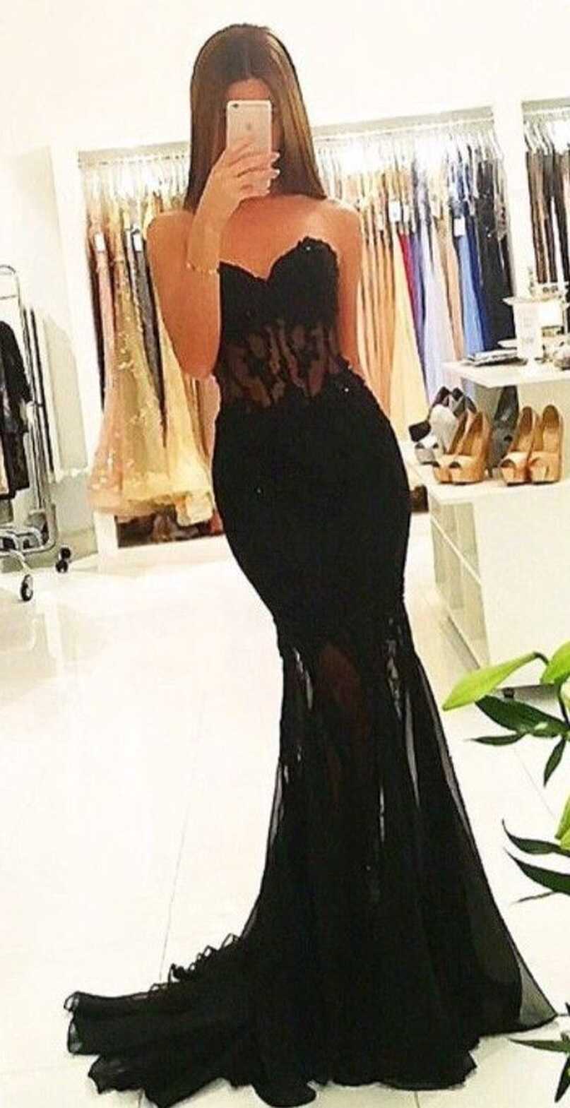 2018 Mermaid Black Sheer Prom Dresses Appliques Long Sexy Tulle ...