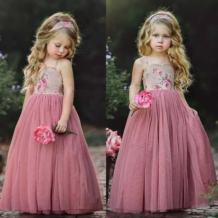 2019 New Princess Dress Kids Girl Pink Lace Flower Strappy Dress ...