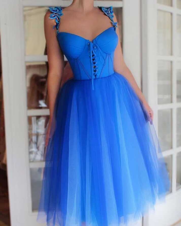 2019 Royal Blue Rayon Tulle Tea Length Cocktail Party Dress Short ...