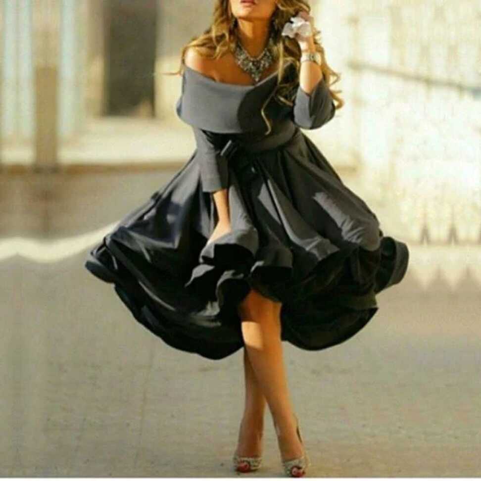 2020 New Black off The Shoulder Short Prom Dress Satin 3/4 Long ...