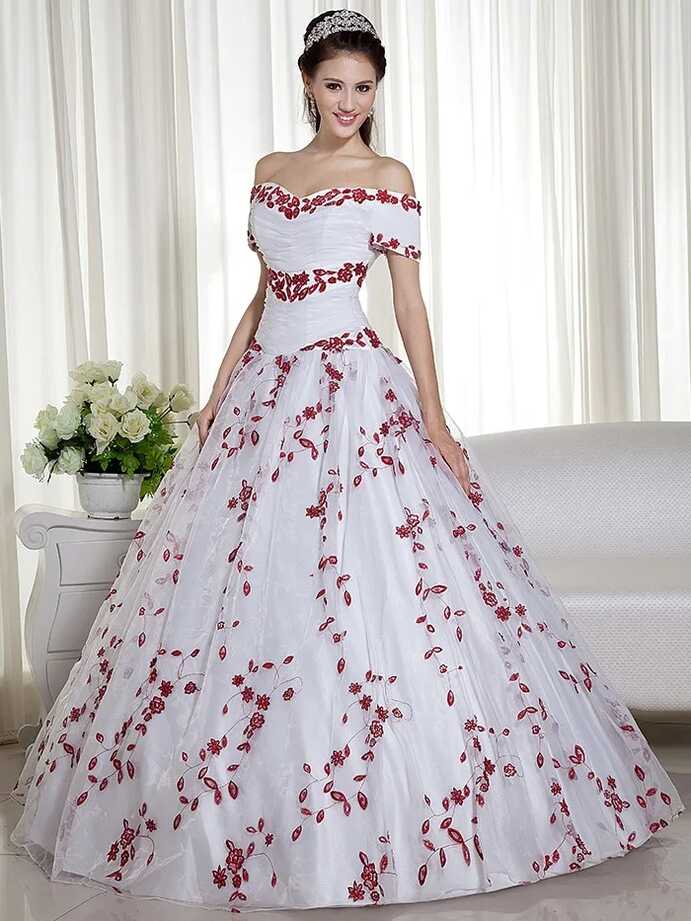 2020 Red And White Off Shoulder Corset Ballgown Wedding Dress With ...