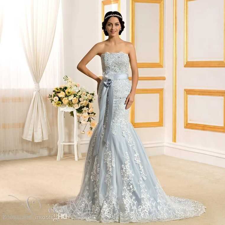 2020 Romantic Light Blue Mermaid Wedding Dresses Lace Strapless ...