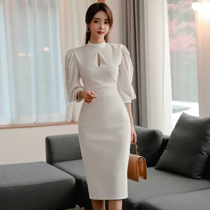 2020 Summer Womens White Knee Length Cloth Office Dress For Women ...