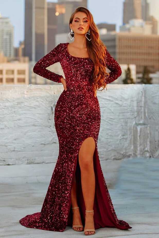 2021 Burgundy Shiny Sequined Velvet Long Party Dress Full Sleeved ...