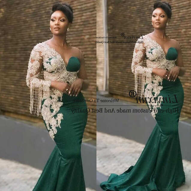 2021 Dubai Hunter Green Prom Dresses One Shoulder Long Sleeves ...