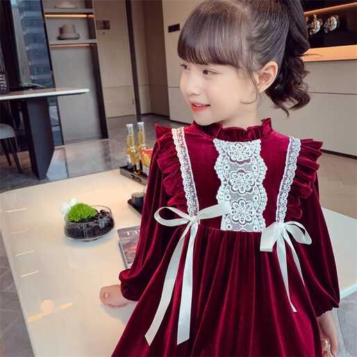 2021 Girls golden velvet Dress sweet lace kids girl Birthday ...