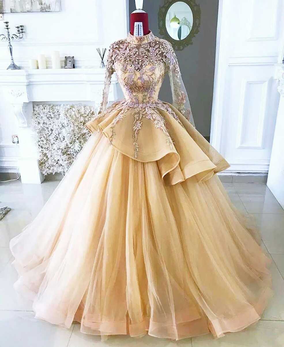 2021 Gold Beads Ball Gown Prom Dresses High Neck Lace Appliqued ...