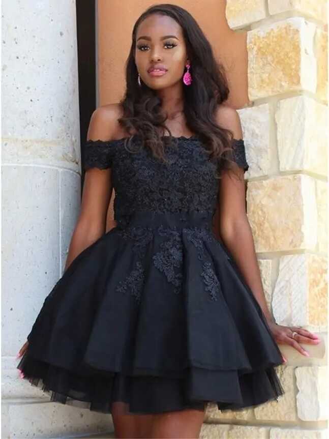 2021 Plus Size Black Lace Off Shoulder Short Black Prom Dresses ...