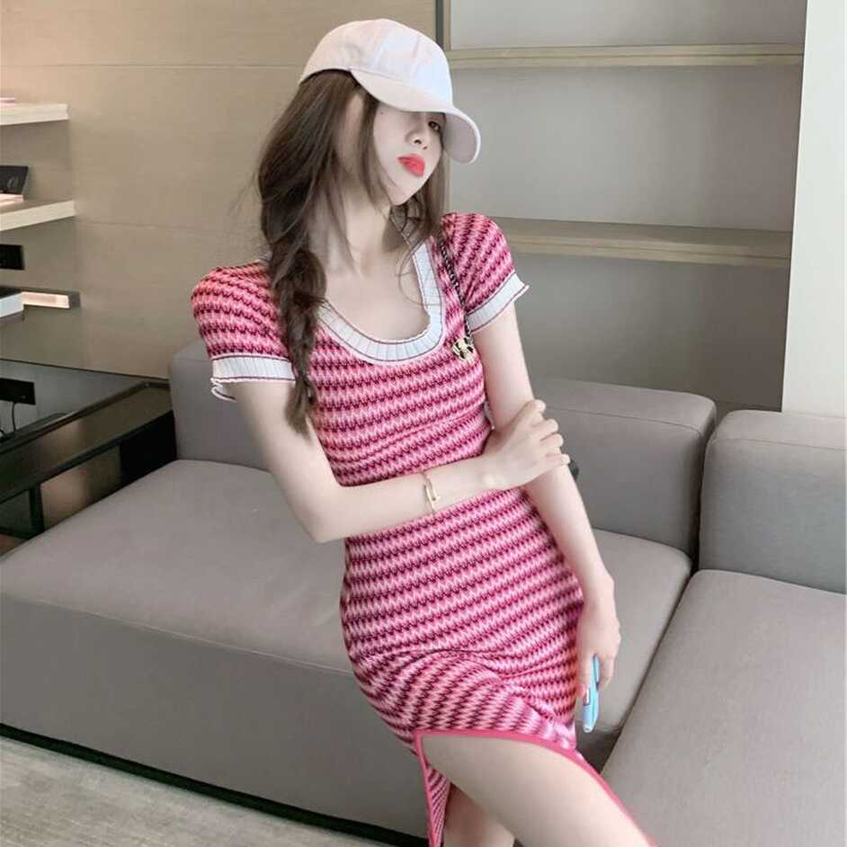 2021 Summer New Casual Knitted Bodycon Dress Fashion Korean Pink ...