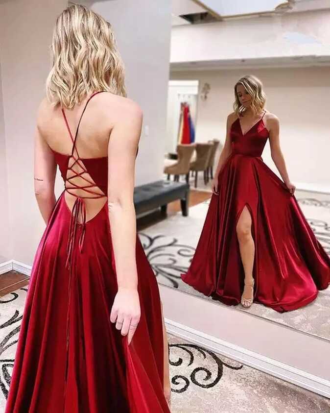 2021 Wine Red Long Prom Dress with Lace Up Back Purple V Neck ...