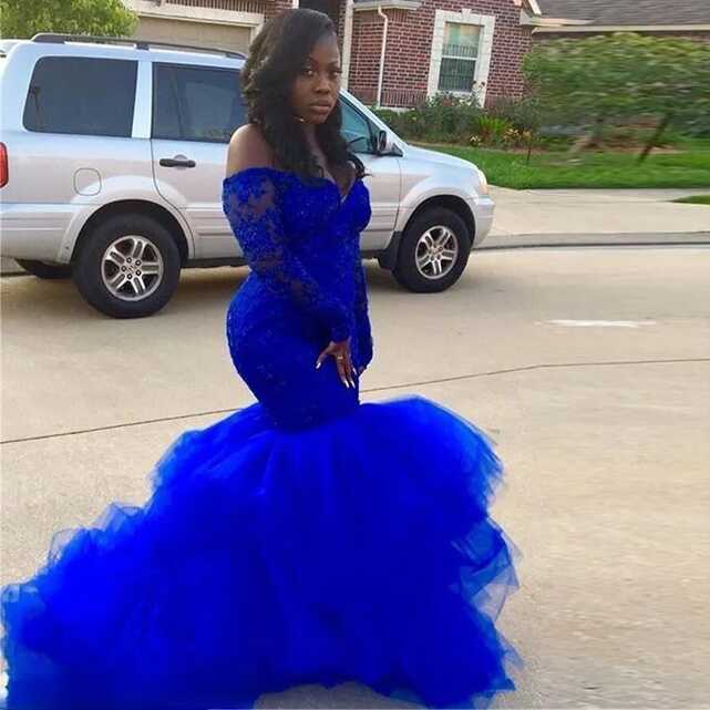 2022 African Royal Blue Lace Tutu Blue Mermaid Prom Dress For ...