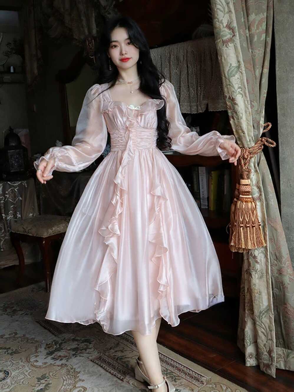 2022 Autumn Vintage Party Midi Dress Women Pink Fairy Korean Style ...