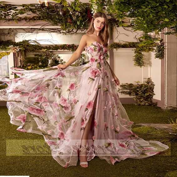 2022 Blush Pink Prom Dress Sweetheart Long Floral Backless High ...