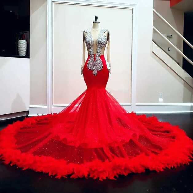 2022 Luxury Red Beaded Sequined Crystal Mermaid Red Mermaid Prom ...