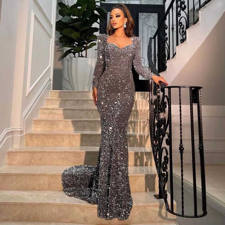 2022 New Elastic Sequins Long Sleeve V-Neck Evening Dress | eBay