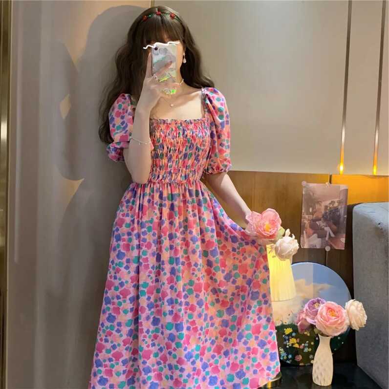 2022 New Fashion Korean Style Chiffon Floral Print Casual Midi ...