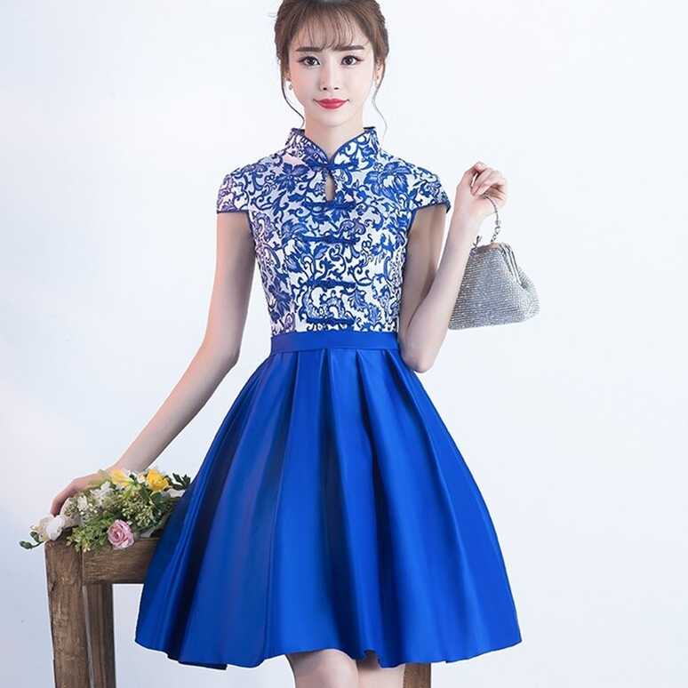 2022 New Royal Blue Modern Chinese Dress Female Mandarin Collar ...