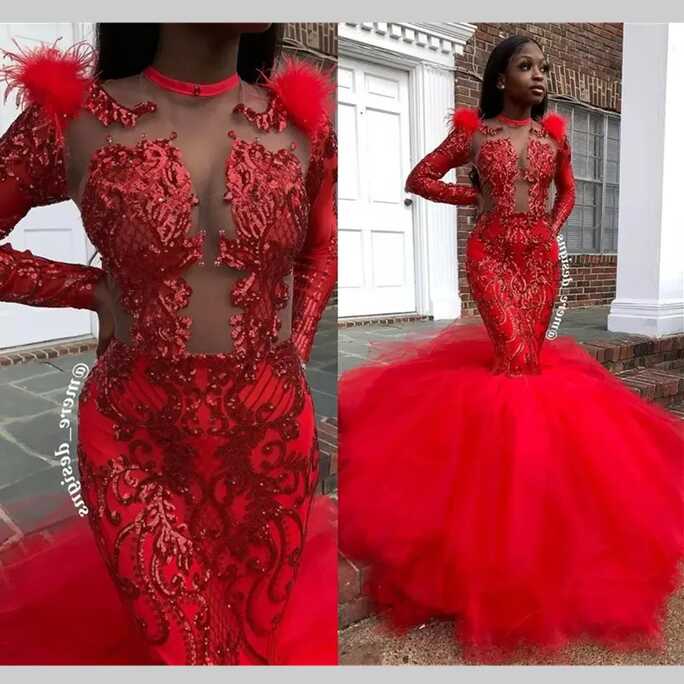 2022 Red Feather Sequined Mermaid Red Tight Prom Dresses With Long ...