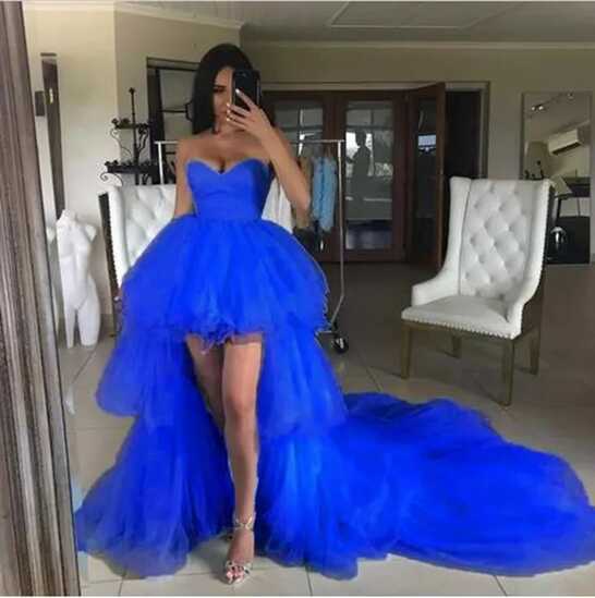 2022 Royal Blue High Low Prom Dresses Sweetheart Ruffles Tiered ...