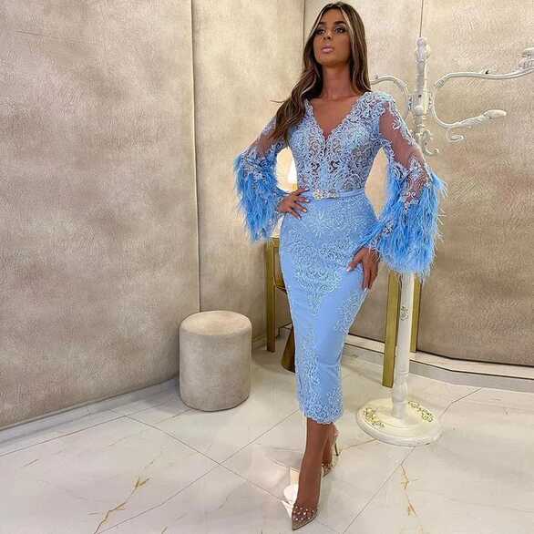 2022 Sky Blue Short Tight Fitted Prom Dresses Tea Length Feather ...