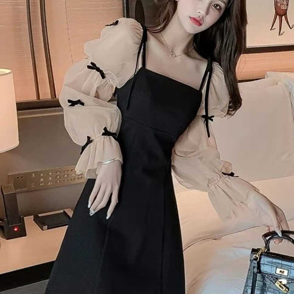 2022 Spring Summer New Korean Black Dress Sweet Cute Mesh Long ...