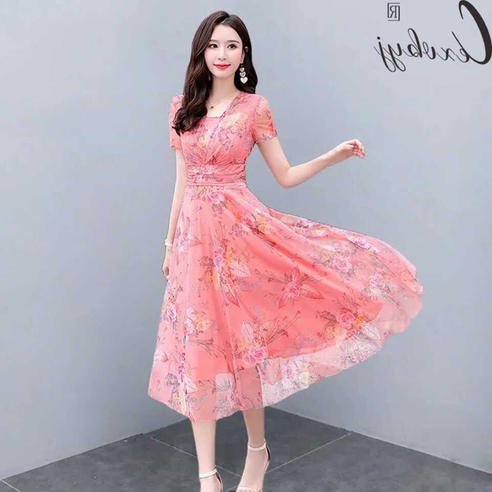 2022 Summer Beach Floral Dress Women Elegant O-Neck Chiffon Plus ...