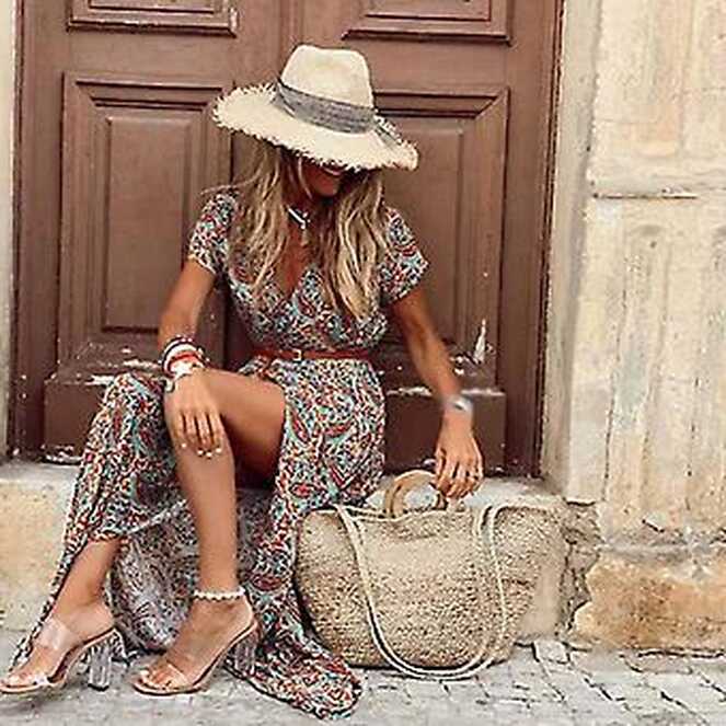 2022 Summer Boho Long Dress Women Casual Paisley Print Belt Maxi ...