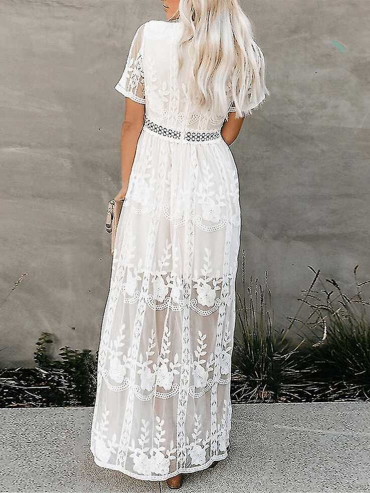 2022 Summer Boho Women Maxi Dress Loose Embroidery White Lace Long ...