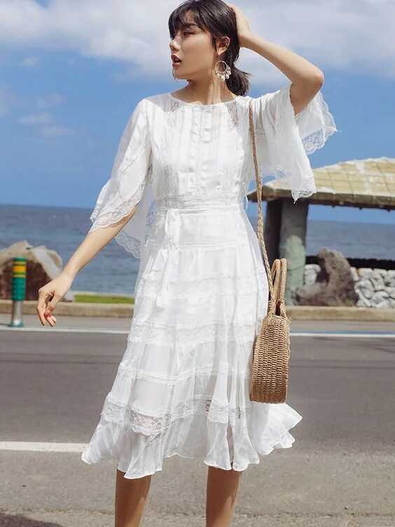 2022 Summer Elegant French Women Lace White Dress O Neck Chic ...