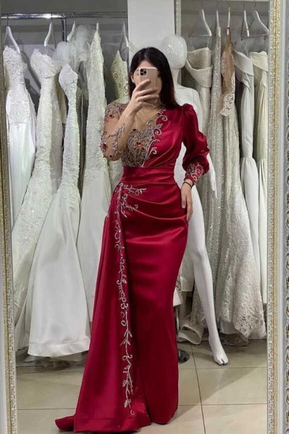 2022 Wine Red Long Sleeve V Neck Beading Ruched Prom Dress ...