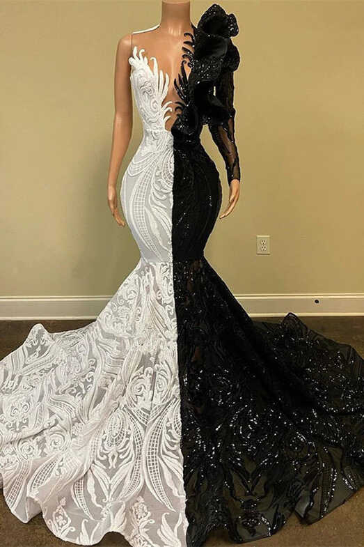 2023 Black Sequin Trumpet Mermaid Long Sleeve Prom Dress – Sassymyprom