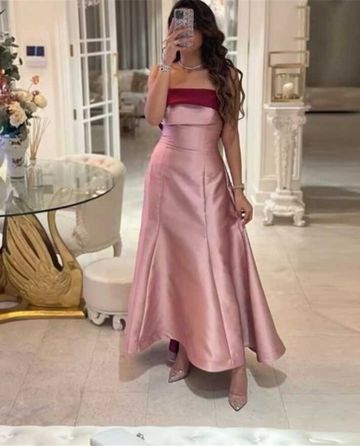 2023 Blush Pink Satin Long Evening Dresses Ankle Length Strapless ...