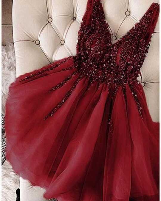 2023 Burgundy Prom Dresses Short V Neck Beaded Crystals Sleeveless ...