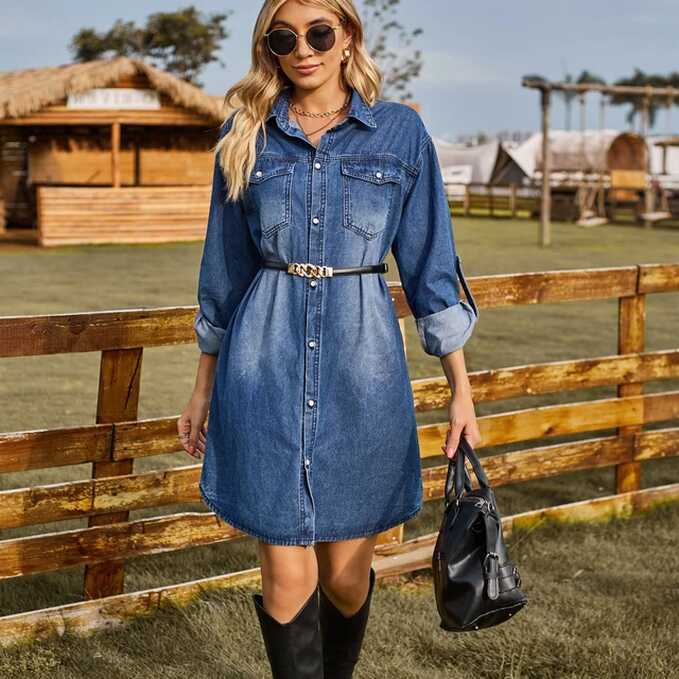 2023 Fall New Women&#39;s Denim Shirts Dress Long Sleeve Knee-Length ...