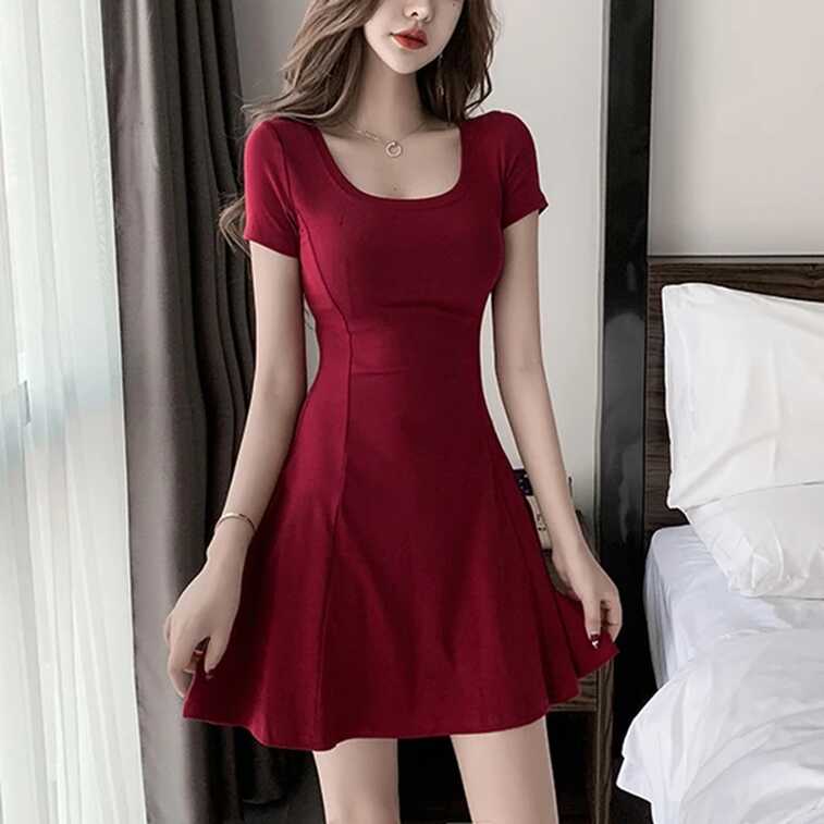 2023 Fashion Summer A Line Black Red Dresses Casual Short Sleeve ...