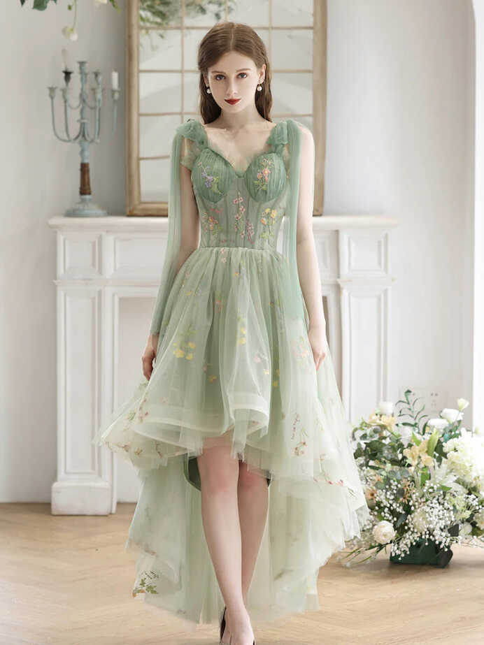 2023 High Low Tulle A Line Green Floral Prom Dress – Sassymyprom