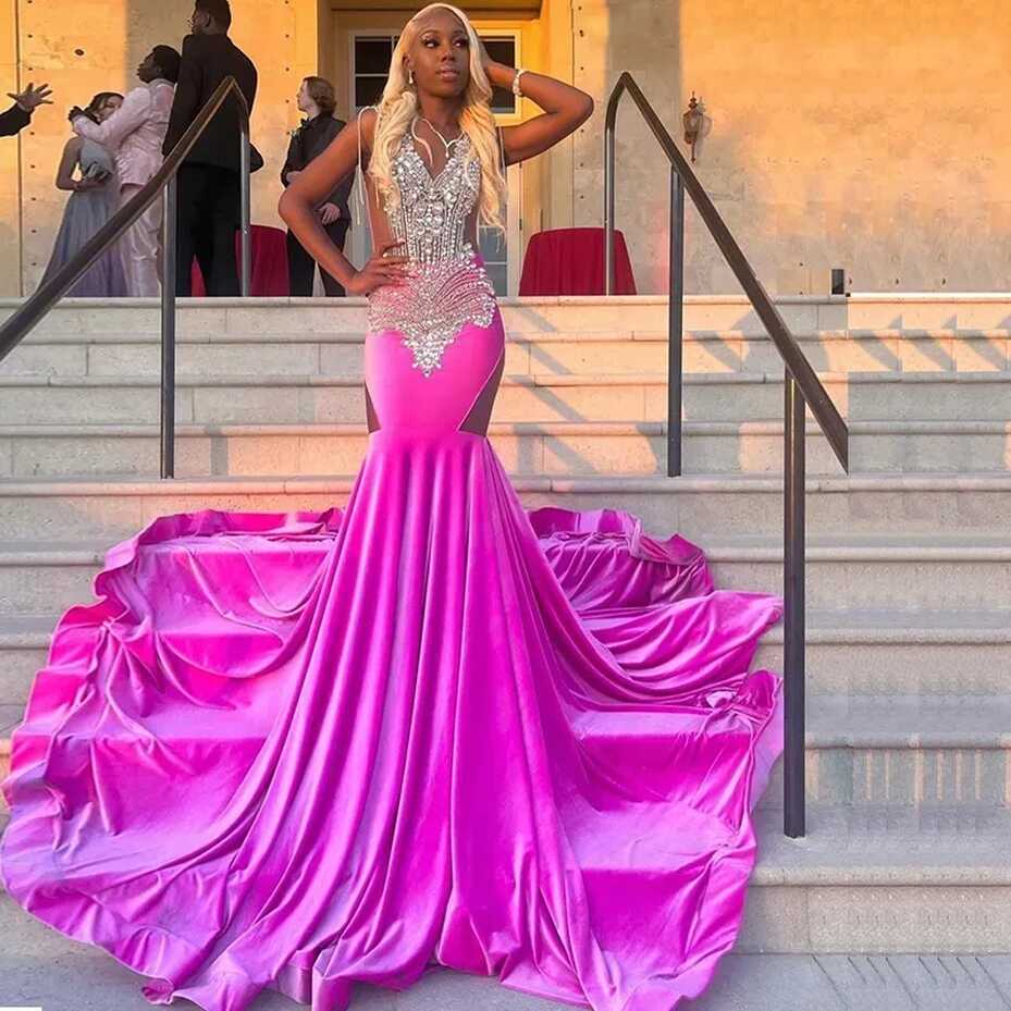 2023 Hot Pink Velvet Mermaid Pink Mermaid Prom Dress With Glitter ...