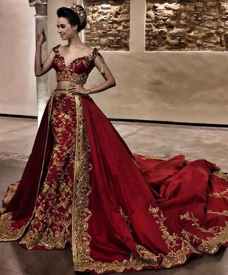 2023 Indian Red Mermaid Evening Gown With Detachable Train Sexy ...