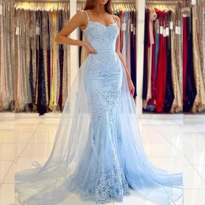 2023 Light Blue Mermaid Prom Dresses Long Sweetheart Appliques ...