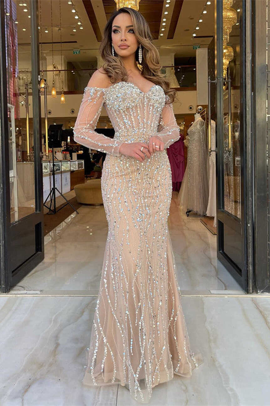 2023 Long Sleeve Gold Beading Off The Shoulder Prom Dress ...