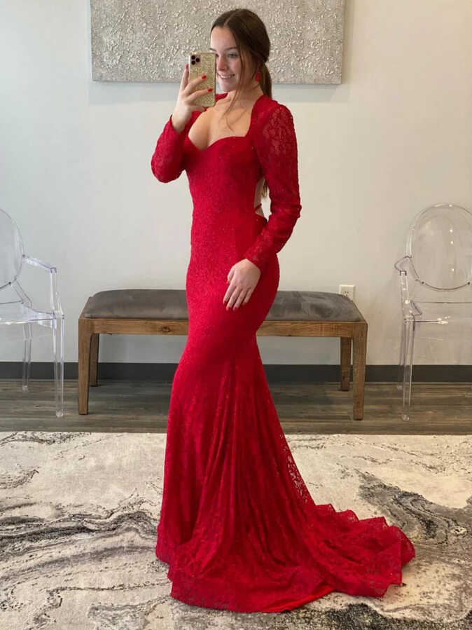 2023 Long Sleeve Mermaid Red Keyhole Back Lace Prom Dress ...