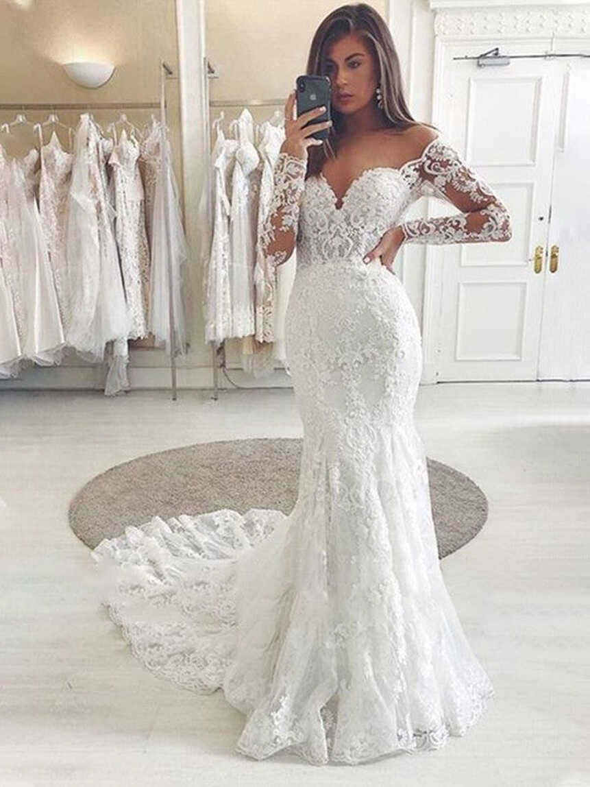 2023 Long Sleeves Off-the-Shoulder Applique Mermaid Wedding ...