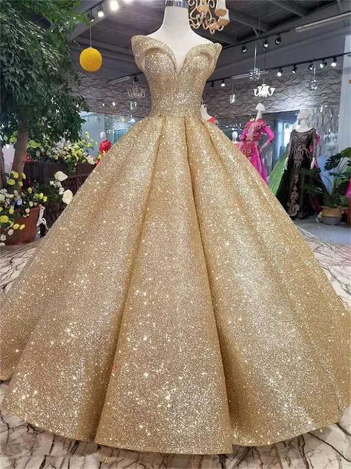 2023 New Long Bling Gold Prom Dress Elegant Sequins Ball Gown Off ...