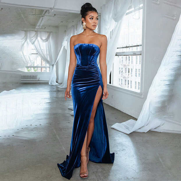 2023 Open Back High Split Elegant Velvet Evening Dress Women&#39;s ...