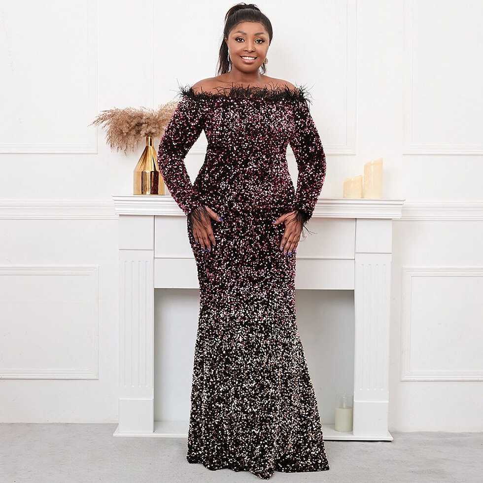 2023 Plus Size Off Shoulder Feather Long Sleeve Sequin Dress Floor ...